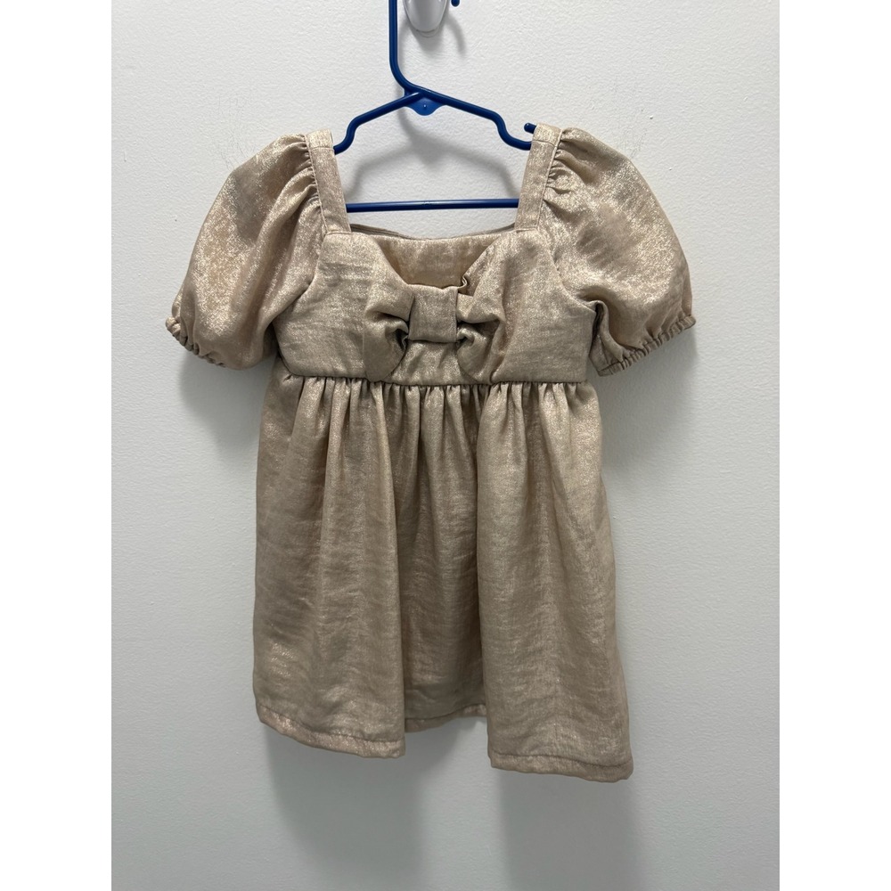 Baby Gap Toddler Girls Gold Metallic Shimmer Bow Puff Sleeve Dress Size 2 Years